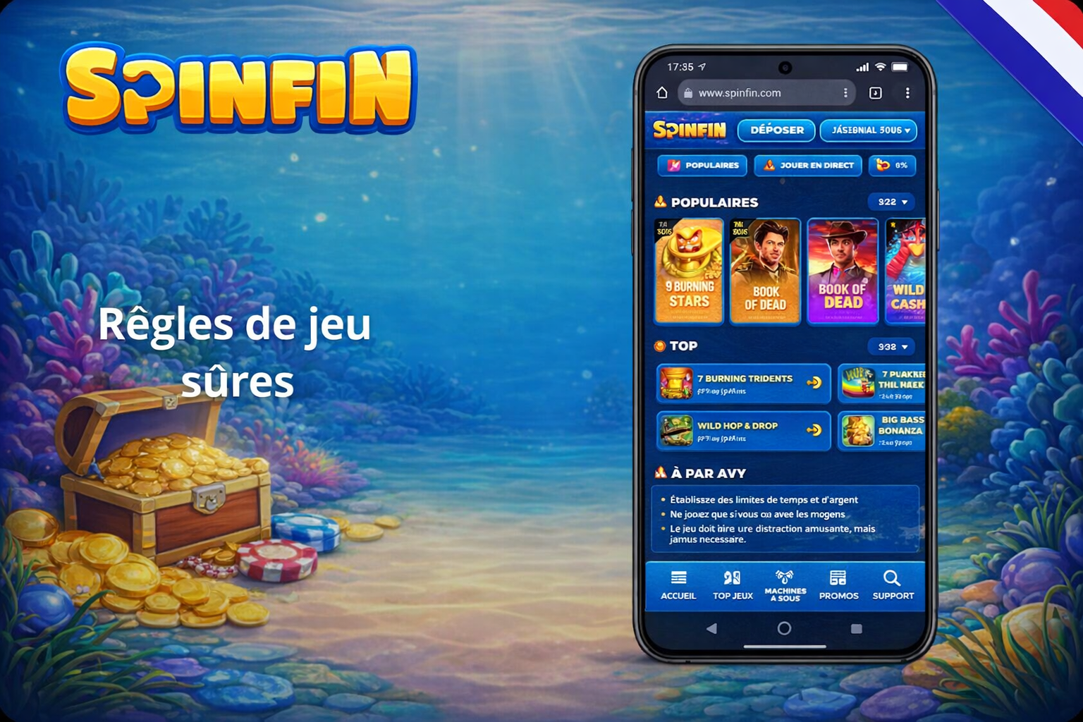 Smartphone showing SpinFin website with game categories: Populaires (Popular), Top, and responsible gaming advice